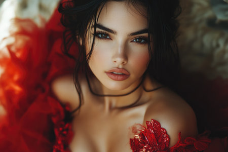 Beautiful brunette model wearing an elegant red dress with floral appliques, creating a glamorous and dramatic portraitの素材