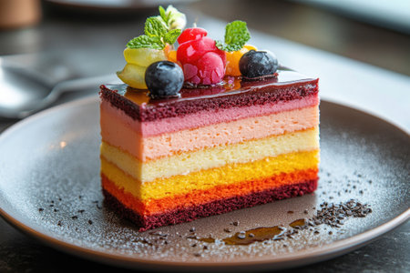 Colorful layered cake with chocolate topping, berries and mint resting on a plateの素材