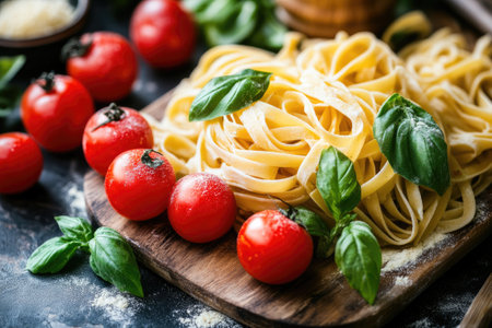 Tagliatelle pasta is garnished with basil leaves and cherry tomatoes and placed on a wooden cutting boardの素材