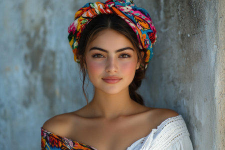 Portrait of a beautiful young Latin woman wearing a vibrant headscarf and an off-the-shoulder top, exuding confidence and cultural prideの素材