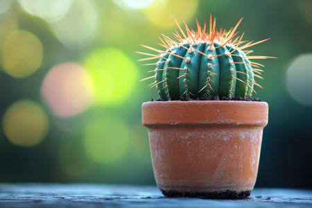 Round cactus with sharp spines growing in a small terracotta pot, placed on a wooden surface, with a blurred green background and bokeh effectの素材
