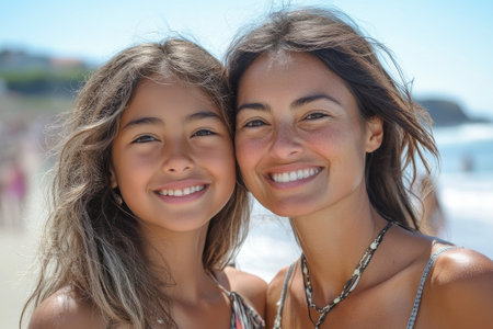 Mother and daughter are enjoying a sunny day at the beach, showing their beautiful smilesの素材