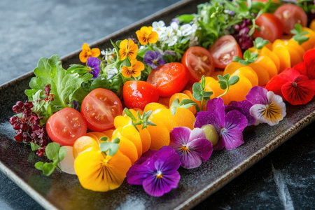 Fresh colorful salad with edible flowers and cherry tomatoes is arranged on a plate, showcasing culinary creativityの素材