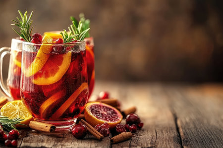 Two mugs of hot mulled wine decorated with cranberries, orange slices, cinnamon sticks and rosemary sprigs on rustic wooden tableの素材