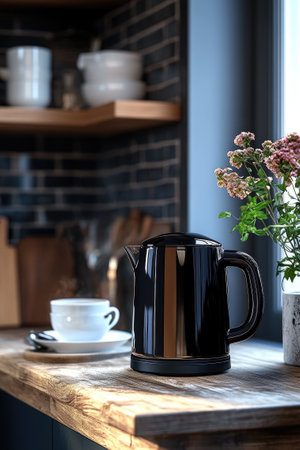 Modern black electric kettle steaming gently on a wooden kitchen counter, with teacups and flowers creating a cozy atmosphereの素材