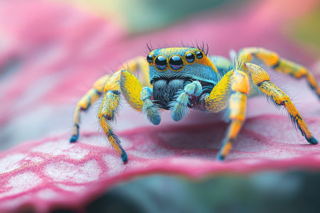 Close-up of a vibrant jumping spider exploring a pink leaf, showcasing its striking colors and intricate detailsの素材