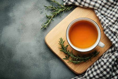 Herbal tea with rosemary sprigs on wooden board and checkered napkin on dark backgroundの素材