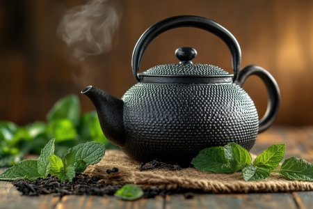 Black cast iron teapot steaming on rustic wooden table with fresh mint leaves and loose leaf teaの素材
