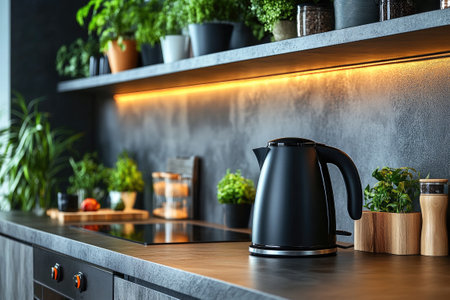 Sleek, modern black electric kettle sits on a kitchen counter surrounded by houseplants and warm led lightingの素材