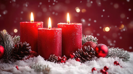 Christmas still life with three lit red candles, pine cones, red ornaments, pine branches, and snow on a red background with falling snowの素材