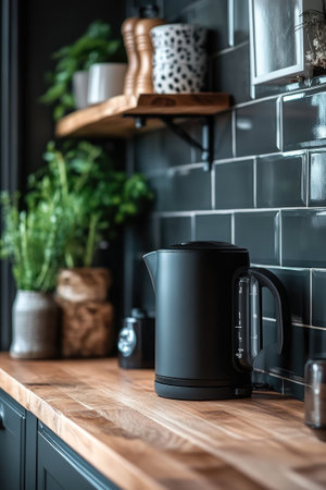 Modern black electric kettle steaming gently on a wooden kitchen counter, with teacups and flowers creating a cozy atmosphereの素材