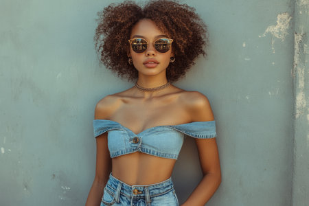 Fashionable woman with curly hair and sunglasses wearing a denim outfit posing against a wallの素材