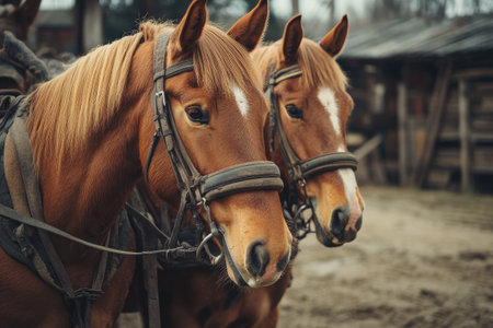Two chestnut horses wearing bridles standing together in a paddock near a wooden stableの素材