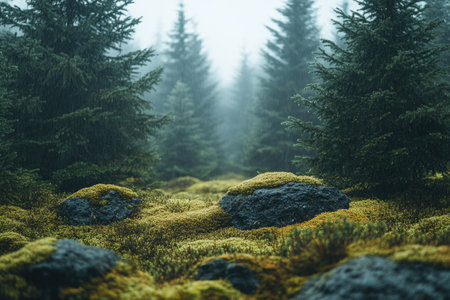 Mossy rocks and spruce trees create a mystical atmosphere in a foggy forest during rainfallの素材