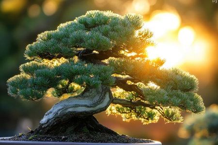 Small bonsai tree with thick trunk and lush green needles illuminated by setting sun, creating a peaceful and zen atmosphereの素材