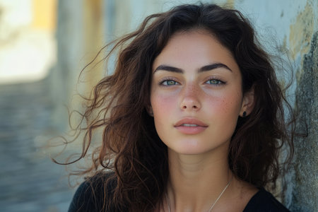Beautiful young woman with long brown curly hair and freckles posing near a wallの素材