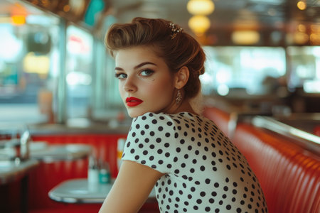 Fashionable woman with red lipstick and polka dot dress sitting in a vintage American dinerの素材
