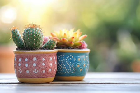 Two small potted cactus and succulent plants sit on a wooden surface outdoorsの素材