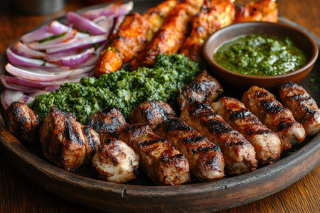 Delicious grilled meat platter featuring kebabs, chicken wings, spinach, red onions, and vibrant green sauceの素材