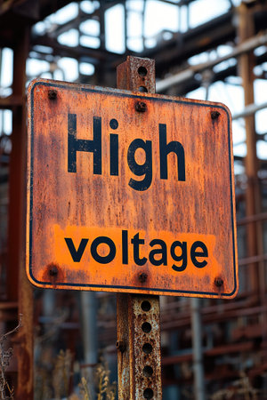 Rusty high voltage sign indicating potential electrical hazard in industrial setting, emphasizing safety concernsの素材
