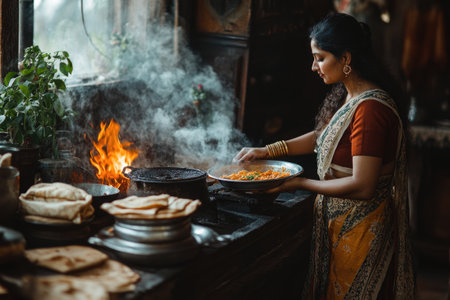 Indian woman wearing traditional clothing is cooking food on a burning stove in a rustic kitchenの素材
