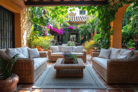 Wicker sofas and a coffee table create a relaxing atmosphere in a patio overlooking a vibrant gardenの素材