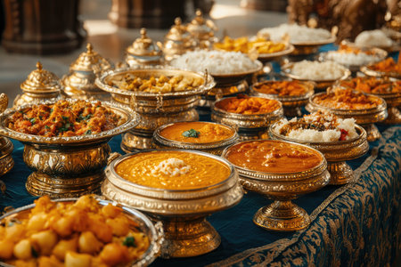 Vibrant array of Indian dishes served in decorative golden bowls, showcasing the rich culinary heritage of Indiaの素材