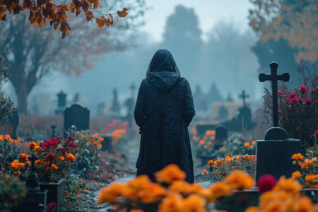 Woman wearing black clothes walking through a cemetery on a foggy autumn dayの素材