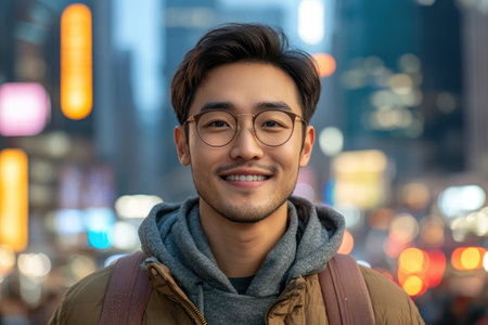 Portrait of a happy young Asian man wearing glasses and smiling in a big city at nightの素材