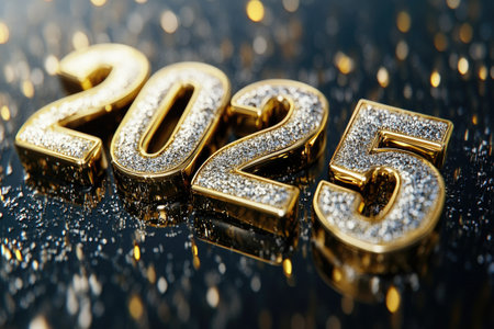 Shiny gold 2025 numbers standing on dark textured surface represent upcoming new yearの素材
