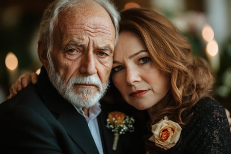 Grieving daughter comforting her elderly father at a funeral, showing support and love during a difficult timeの素材