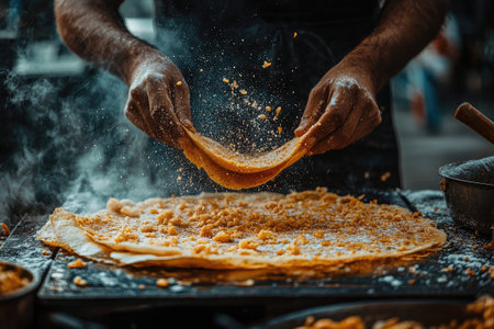 Chef folding a large crispy dosa at a street food stall, adding flavorful spices and savory ingredientsの素材