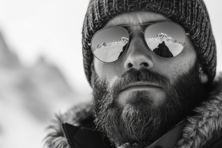 Close-up of a mountaineer wearing sunglasses reflecting snowy mountain peaks in black and whiteの素材