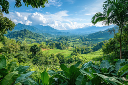 Scenic view of a tropical rainforest landscape with mountains, cultivated fields, and lush vegetationの素材