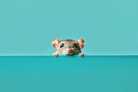 Studio shot of a white mouse peeking over the edge on a turquoise background, creating a simple yet captivating imageの素材