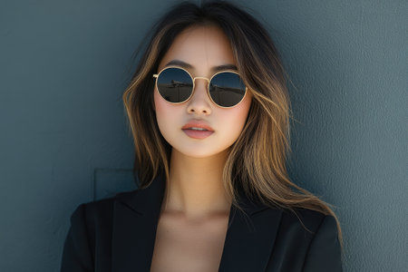 Stylish businesswoman wearing sunglasses leaning against a wallの素材