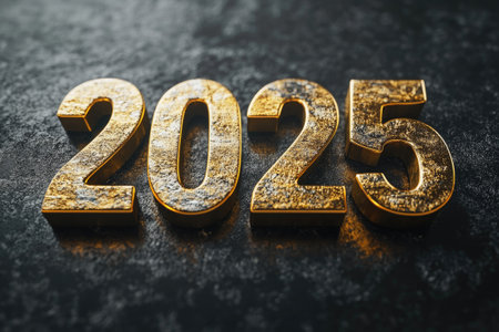 Shiny gold 2025 numbers standing on dark textured surface represent upcoming new yearの素材