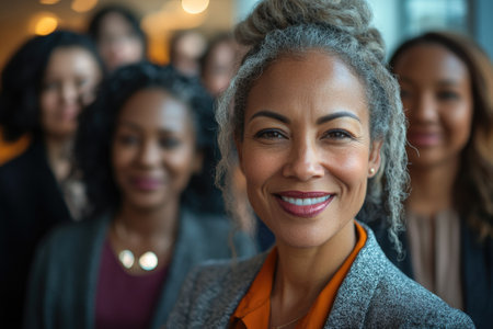 Portrait of a smiling senior businesswoman leading her diverse team in an office environmentの素材