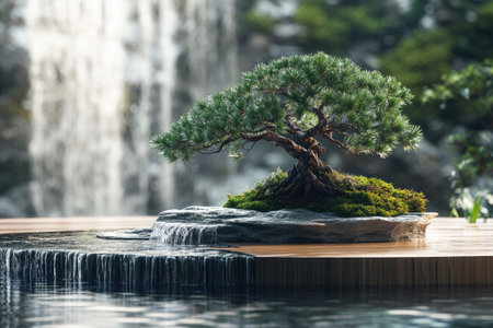Miniature bonsai tree thriving on a rock, creating a tranquil scene of natural beauty and cascading waterの素材