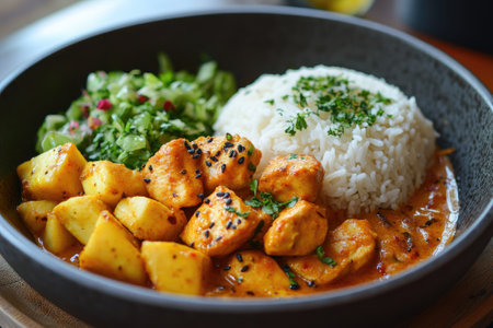 Delicious chicken curry with rice, potatoes and fresh salad seasoned with black sesame and parsley in a bowlの素材