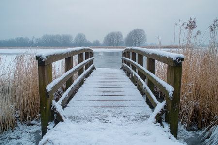 Wooden bridge covered with fresh snow leading to a frozen lake in a tranquil winter landscapeの素材