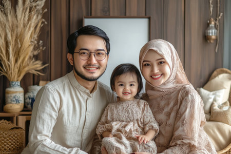 Portrait of smiling Muslim parents with their baby daughter, enjoying family time together at homeの素材