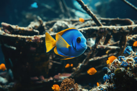 Powder blue tang fish swimming in coral reef aquariumの素材