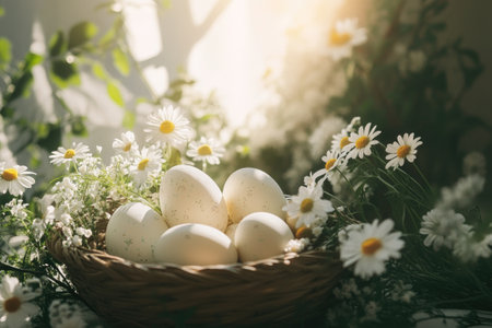 Easter eggs in a wicker basket surrounded by daisies and illuminated by sunlight create a festive atmosphereの素材