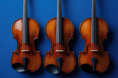 Three violins are hanging on a deep blue wall, their wooden bodies and elegant curves creating a visual symphonyの素材
