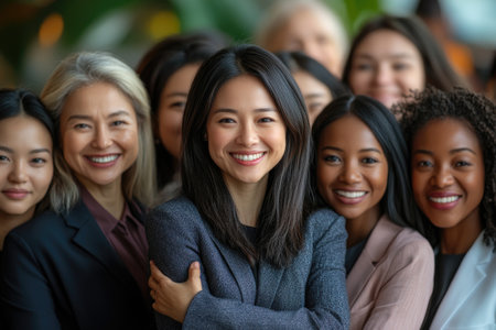 Diverse group of businesswomen smiling and posing together in an office environmentの素材
