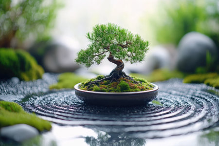 Miniature bonsai tree growing in a peaceful zen garden, representing tranquility, balance, and mindfulnessの素材