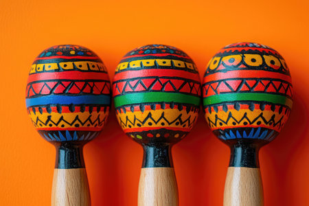 Traditional mexican maracas displaying vibrant colors and intricate patterns on an orange backdropの素材