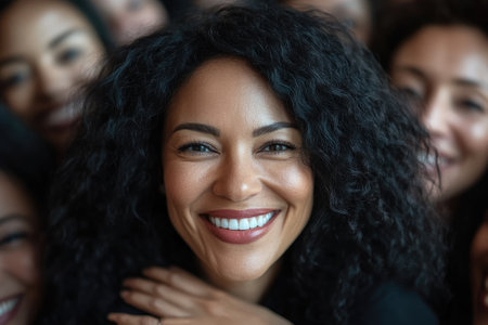 Close-up of a cheerful businesswoman smiling surrounded by her supportive female colleagues, showcasing teamwork and camaraderie in a professional settingの素材