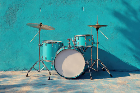 Turquoise drum set is positioned against a vibrant blue wall, creating a striking contrastの素材